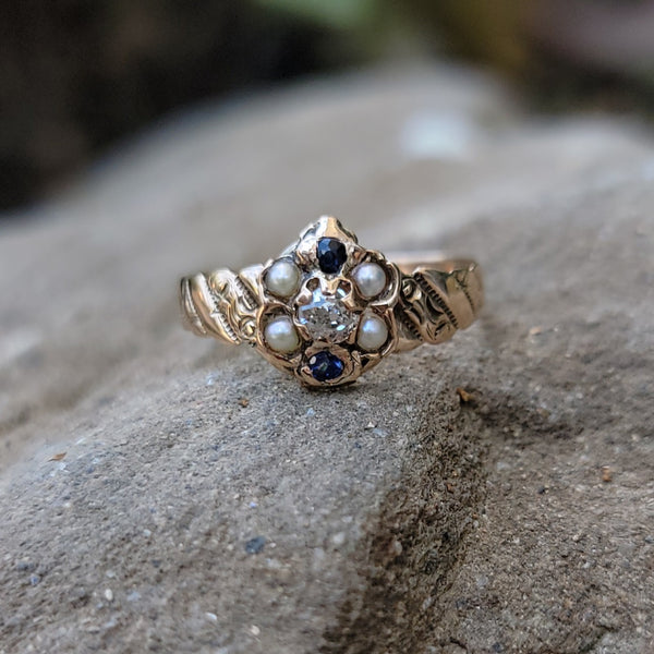 10ct gold Victorian mine cut diamond, pearl & blue sapphire ring