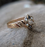 10ct gold Victorian mine cut diamond, pearl & blue sapphire ring