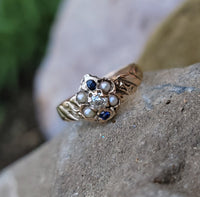 10ct gold Victorian mine cut diamond, pearl & blue sapphire ring