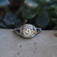 18k gold white Art Deco c.1920's estate diamond & sapphire ring