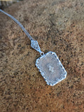 14k white gold Deco c.1920's etched camphor & diamond pendant necklace