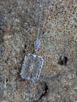 14k white gold Deco c.1920's etched camphor & diamond pendant necklace