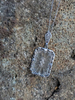 14k white gold Deco c.1920's etched camphor & diamond pendant necklace