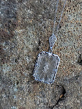 14k white gold Deco c.1920's etched camphor & diamond pendant necklace