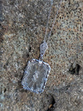 14k white gold Deco c.1920's etched camphor & diamond pendant necklace
