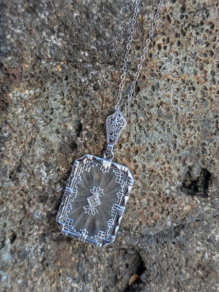 14k white gold Deco c.1920's etched camphor & diamond pendant necklace