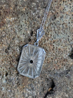 14k white gold Deco c.1920's etched camphor & diamond pendant necklace