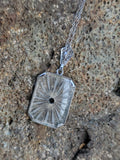 14k white gold Deco c.1920's etched camphor & diamond pendant necklace