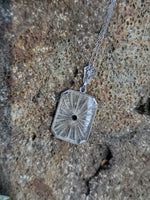 14k white gold Deco c.1920's etched camphor & diamond pendant necklace