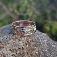 14k rose & yellow gold two tone RETRO mid-century sapphire & diamond band - size 8.5