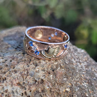 14k rose & yellow gold two tone RETRO mid-century sapphire & diamond band - size 8.5
