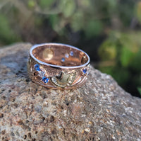 14k rose & yellow gold two tone RETRO mid-century sapphire & diamond band - size 8.5