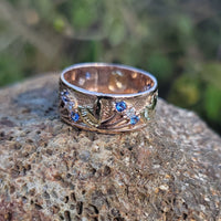 14k rose & yellow gold two tone RETRO mid-century sapphire & diamond band - size 8.5
