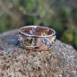 14k rose & yellow gold two tone RETRO mid-century sapphire & diamond band - size 8.5
