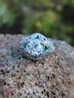 platinum Art Deco c.1920's emerald & European cut diamond estate vintage antique ring
