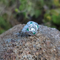 platinum Art Deco c.1920's emerald & European cut diamond estate vintage antique ring