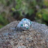 platinum Art Deco c.1920's emerald & European cut diamond estate vintage antique ring