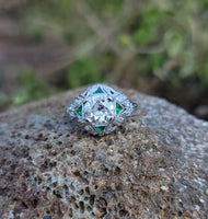 platinum Art Deco c.1920's emerald & European cut diamond estate vintage antique ring