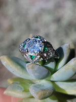 platinum Art Deco c.1920's emerald & European cut diamond estate vintage antique ring