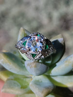 platinum Art Deco c.1920's emerald & European cut diamond estate vintage antique ring