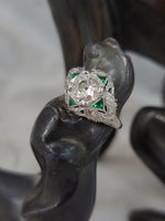 platinum Art Deco c.1920's emerald & European cut diamond estate vintage antique ring