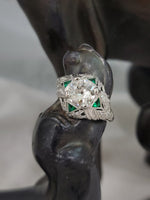platinum Art Deco c.1920's emerald & European cut diamond estate vintage antique ring