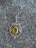 Platinum & 18k gold Edwardian yellow sapphire & diamond flilgree pendant necklace