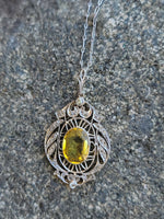 Platinum & 18k gold Edwardian yellow sapphire & diamond flilgree pendant necklace