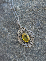 Platinum & 18k gold Edwardian yellow sapphire & diamond flilgree pendant necklace