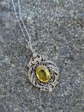 Platinum & 18k gold Edwardian yellow sapphire & diamond flilgree pendant necklace