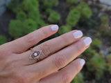 platinum & 14k gold two tone pearl & diamond filigree navette Edwardian ring