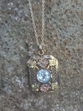 10k tri colored gold Art Deco c.1930's natural blue zircon estate filigree pendant necklace