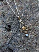 10k gold pearl & diamond filigree Deco necklace pendant lavaliere