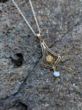 10k gold pearl & diamond filigree Deco necklace pendant lavaliere