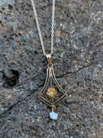 10k gold pearl & diamond filigree Deco necklace pendant lavaliere