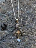 10k gold pearl & diamond filigree Deco necklace pendant lavaliere