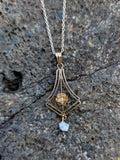 10k gold pearl & diamond filigree Deco necklace pendant lavaliere