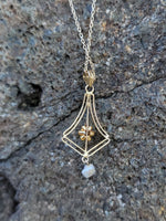 10k gold pearl & diamond filigree Deco necklace pendant lavaliere