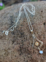 10k gold pearl & diamond filigree Deco necklace pendant lavaliere
