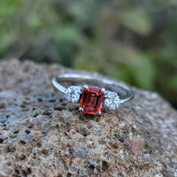 18k white gold emerald cut orange sapphire & diamond estate ring