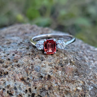 18k white gold emerald cut orange sapphire & diamond estate ring