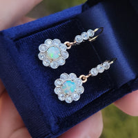 platinum & 18k gold two tone Edwardian - c.1920's opal & diamond dangle earrings