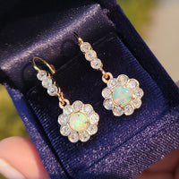 platinum & 18k gold two tone Edwardian - c.1920's opal & diamond dangle earrings