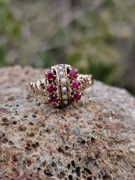 10k gold Victorian seed pearl & ruby ring