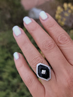 14k white gold vintage Art Deco BLACK ONYX & diamond ring
