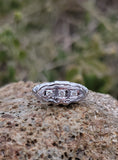 14k gold white gold c.1920's filigree 3 diamond ring - apx .10ct tw