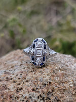 14k white gold vintage Art Deco c.1920's 3 Diamond & Sapphire filigree Ring