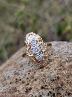 14k gold two diamond Art Deco c1930's filigree glove shield ring
