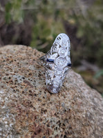 18k white gold diamond & sapphire estate Art Deco c.20-30's filigree glove shield ring