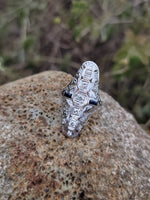 18k white gold diamond & sapphire estate Art Deco c.20-30's filigree glove shield ring